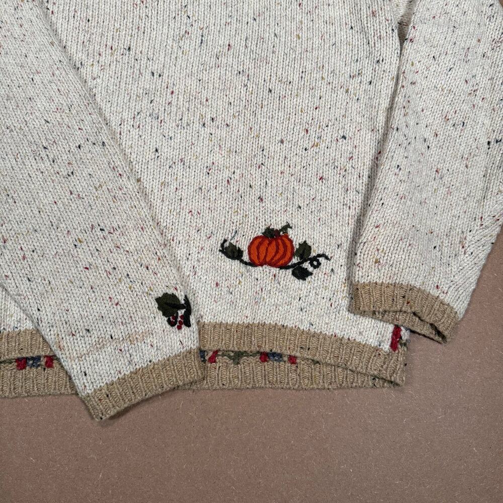 Vintage Autumn Harvest Patchwork Knit Zip Sweater Pumpkin Bird Cottagecore - Picture 8 of 8